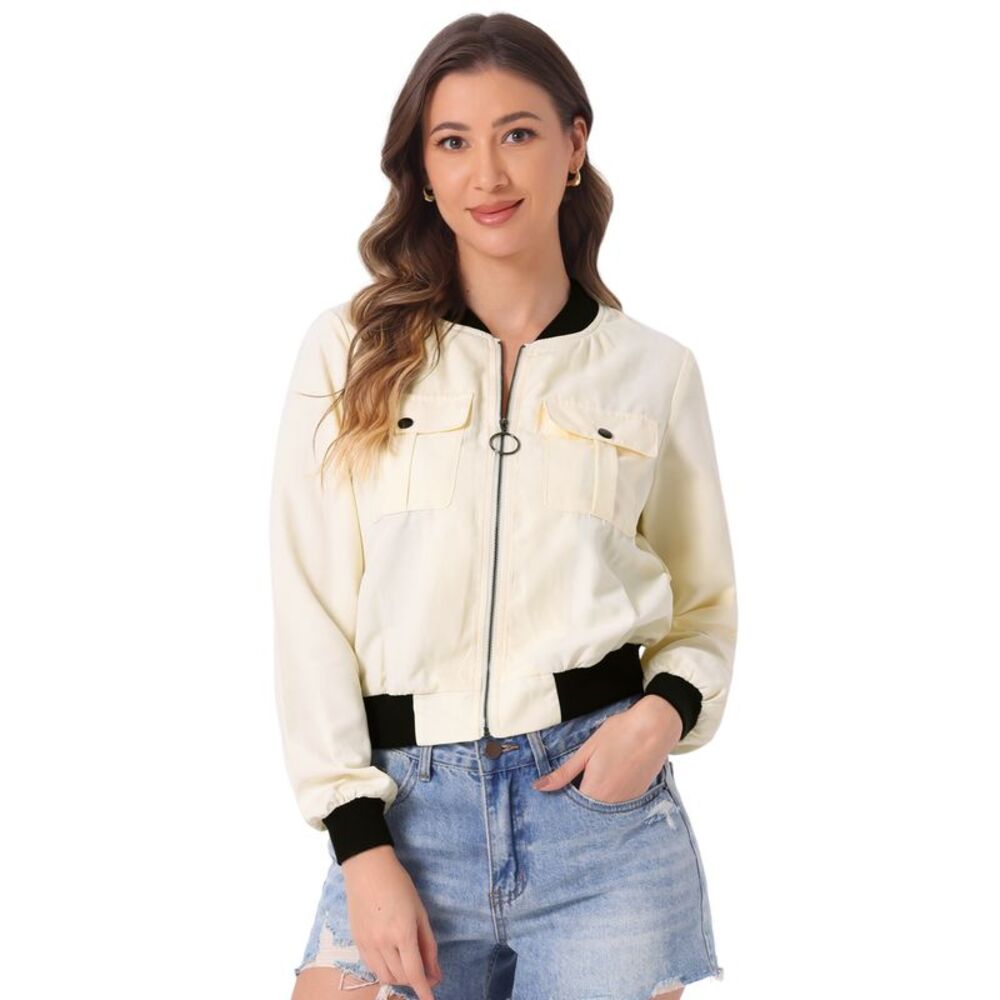 Zip Up Bomber Jackets Long Sleeves Motor Biker Coat Apricot